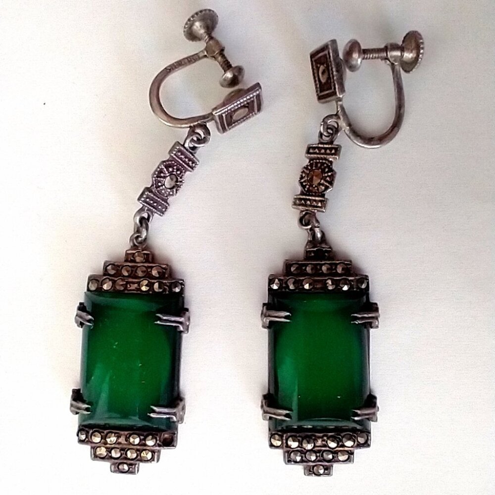 Antique 1920s Sterling Art Deco Earrings Green Stone & Marcasites Screw Back